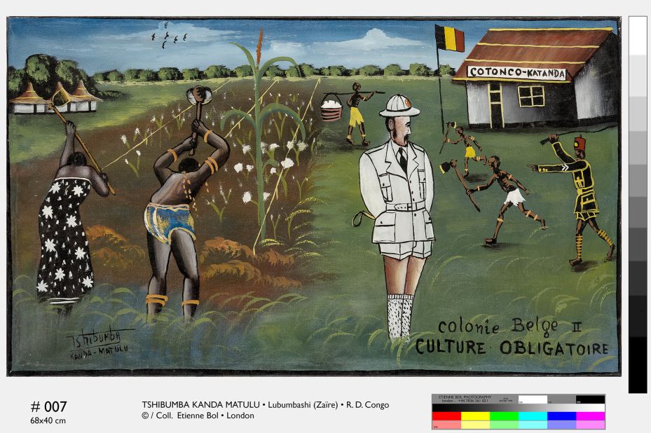 'Colonie Belge' is a sub-genre that developed within the Lumumbashi art movement of the 70s. Paintings typically show Congolese people suffering graphic violence at the hands of Congolese prison officers or police while the white Belgian officer casually looks on.<em>Colonie Belge II, Culture Obligatoire. Tshibumba Kanda-Matulu. 40 x 68cm, Acrylic on canvas.</em>