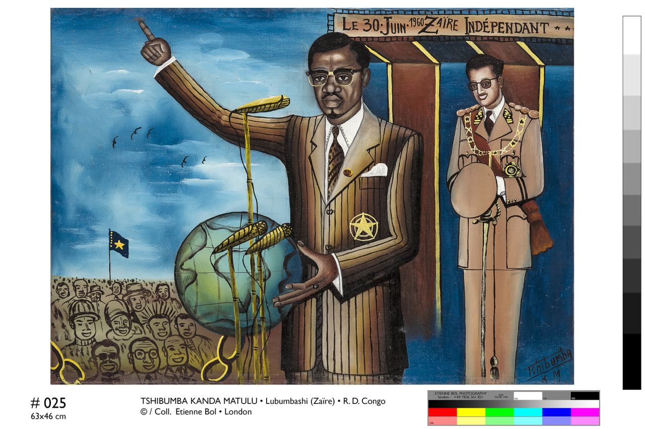 Independence was granted to Belgian Congo on 30 June 1960, and this painting shows the nation's first prime minister, Patrice Lumumba, delivering his famous speech in which he condemned the colonial period. <br /><em>Le 30 juin 1960, Zaïre indépendant, Tshibumba Kanda-Matulu. 46 x 63.5cm, Acrylic on canvas.</em>
