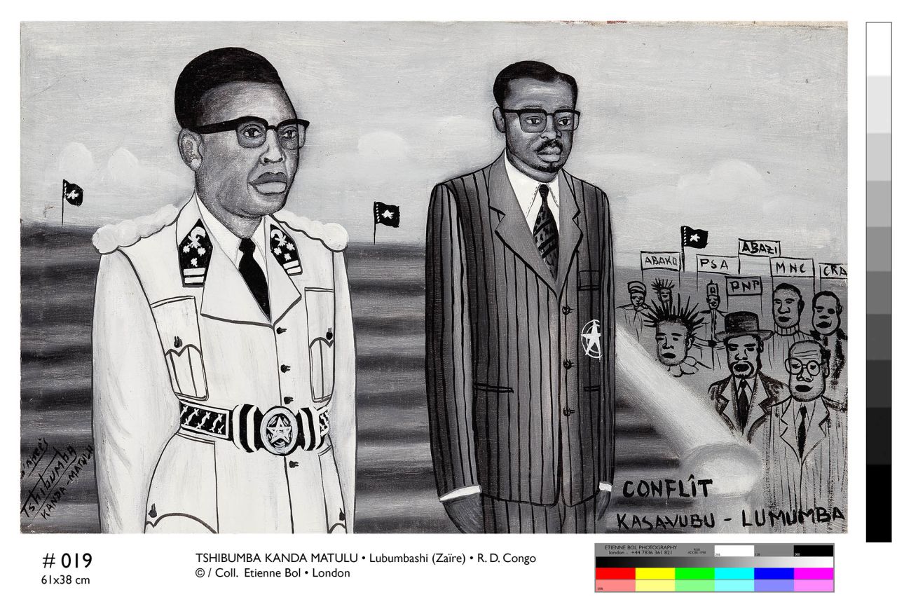 After Congo gained independence from Belgium, political strife began almost immediately with conflict between president Joseph Kasavubu (on the left) who favored decentralization and prime minister Lumumba who wanted a strong central government.<em>Conflit Kasavubu -- Lumumba, Tshibumba Kanda-Matulu. 39.5 x 62.5cm, Acrylic on canvas.</em>