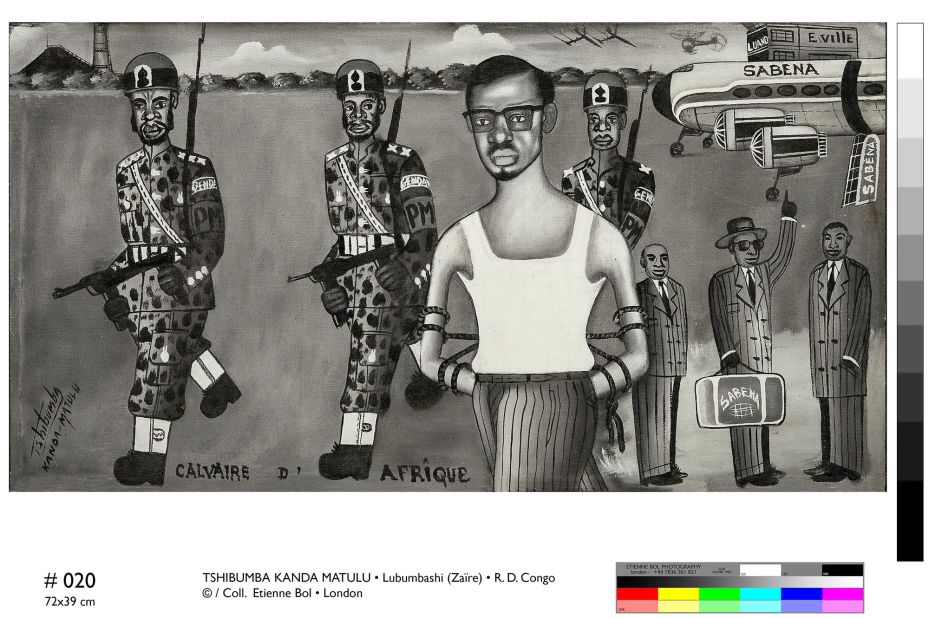 The government of Patrice Lumumba lasted just 10 weeks, as first the province of Katanga declared its independence with Belgian support, and then an army coup led to Lumumba's arrest.<br /><em>Calvaire d'Afrique,Tshibumba Kanda-Matulu. 40.5 x 74.5cm, Acrylic on canvas.</em>