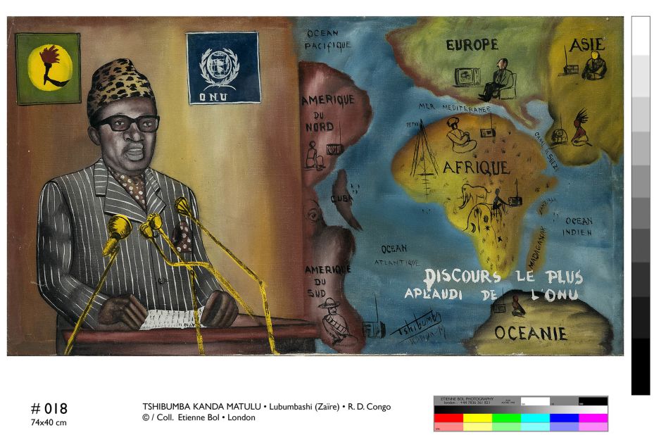 Joseph Mobutu assumed power in 1965 and changed the name of the country to Zaire in 1971. The painting depicts his speech to the United Nations in 1973 in which he severed historic ties with Israel.<em>Discours le plus aplaudi de l'ONU, Tshibumba Kanda-Matulu. 42 x 75.5cm, Acrylic on canvas.</em>