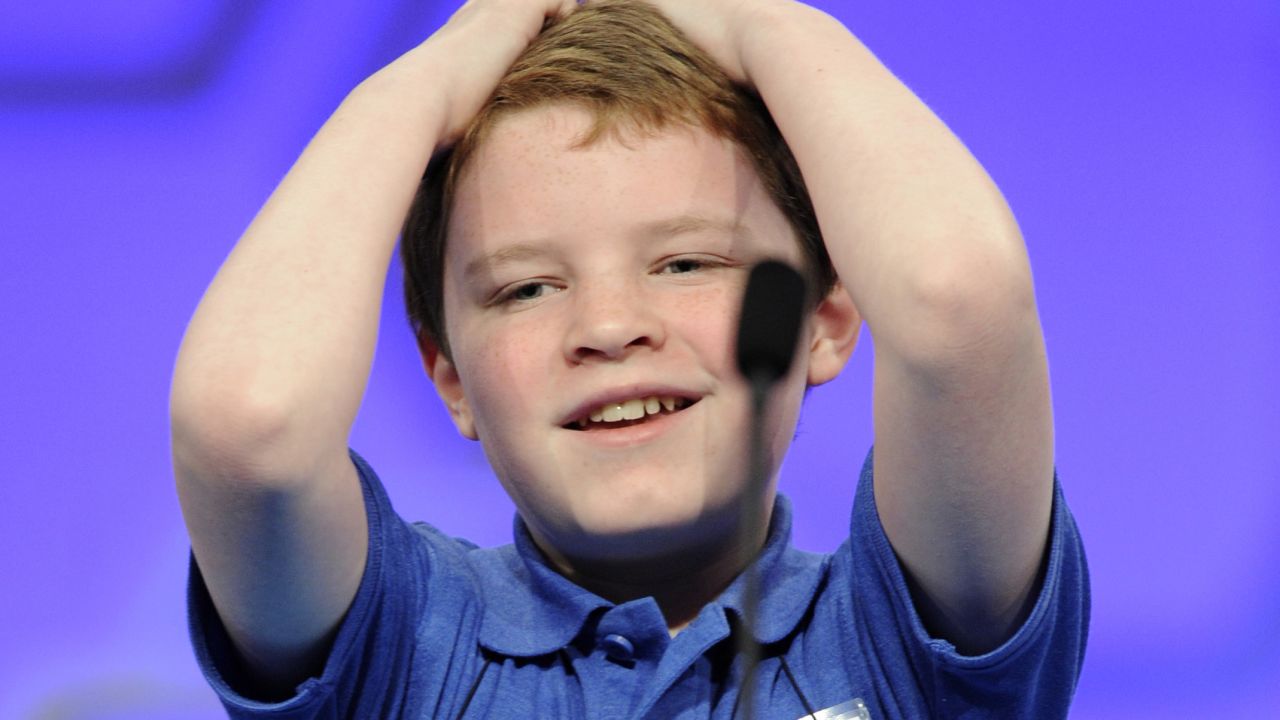Zander Reed, of Ames, Iowa, reacts after misspelling "alleviate" on May 27.
