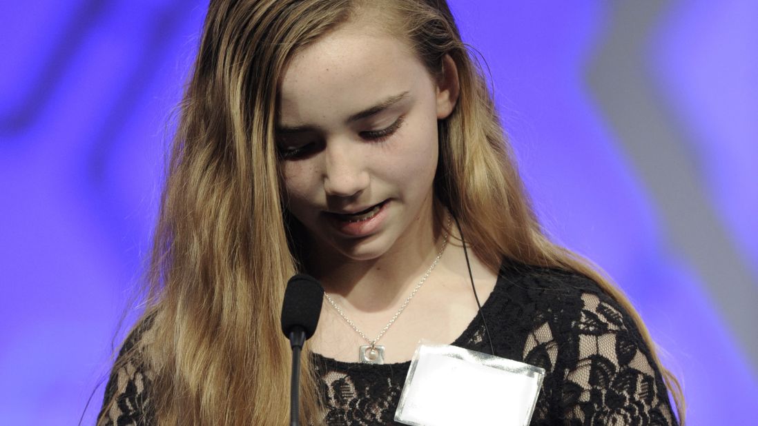 Sophia Hoffman, of Kansas City, Missouri, spells the word "magnanimous" on May 27.