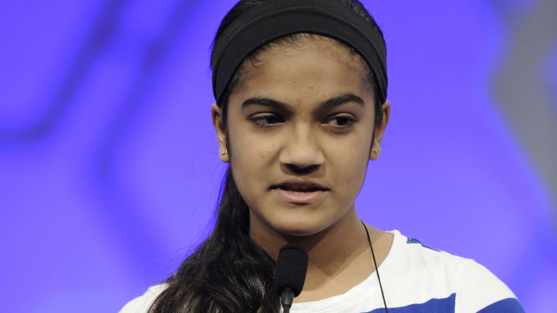 Vanya Shivashankar, of Olathe, Kansas, spells the word "pistachio" on May 27. She was co-winner of the 2015 bee. The last word she spelled was "scherenschnitte."