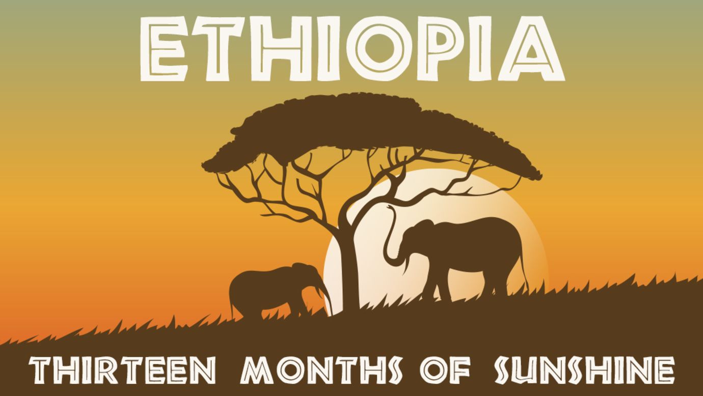 The basis of this phrase is Ethiopia's calendar, which centers around 12 30-day months and an additional five or six days which make up the 13th month. It also successfully plays on the fact that the country has a reputation as being a year-round sunny place. 