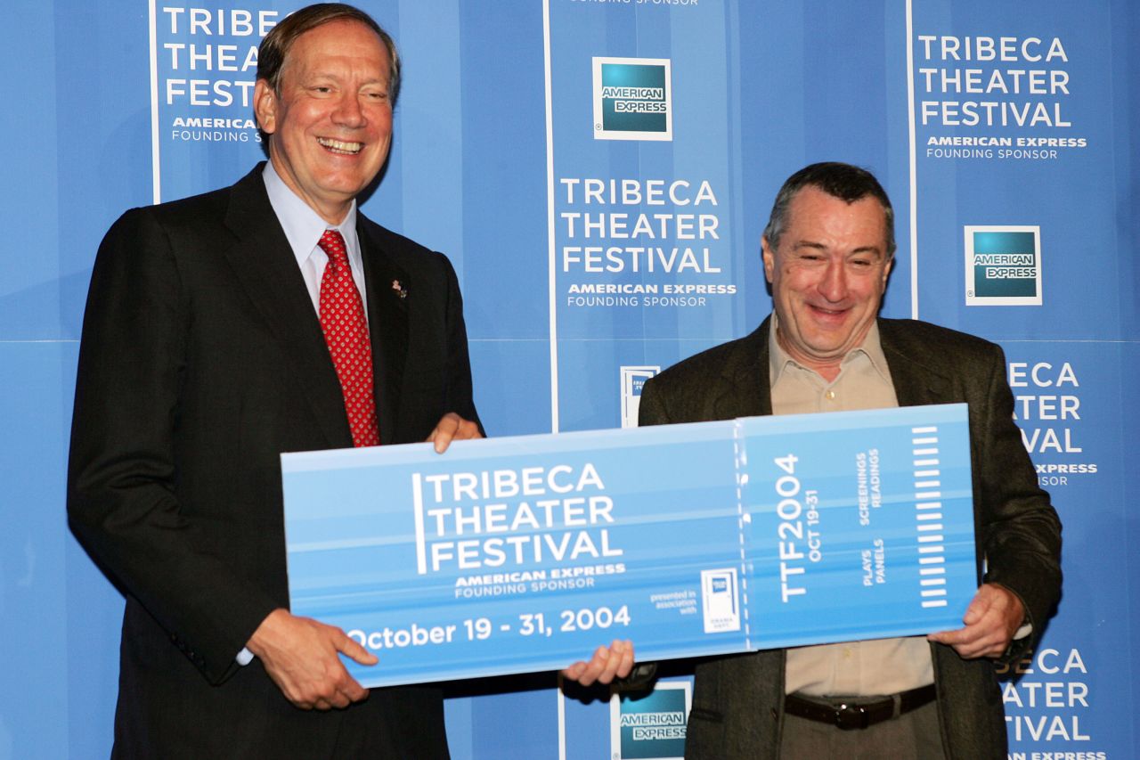 Pataki first won the office in 1994 by defeating liberal icon Mario Cuomo. In this photo, Pataki, left, and actor Robert De Niro, right, pose during a news conference to kick off the first annual Tribeca Theater Festival at Tribeca Cinemas October 13, 2004 in New York City.