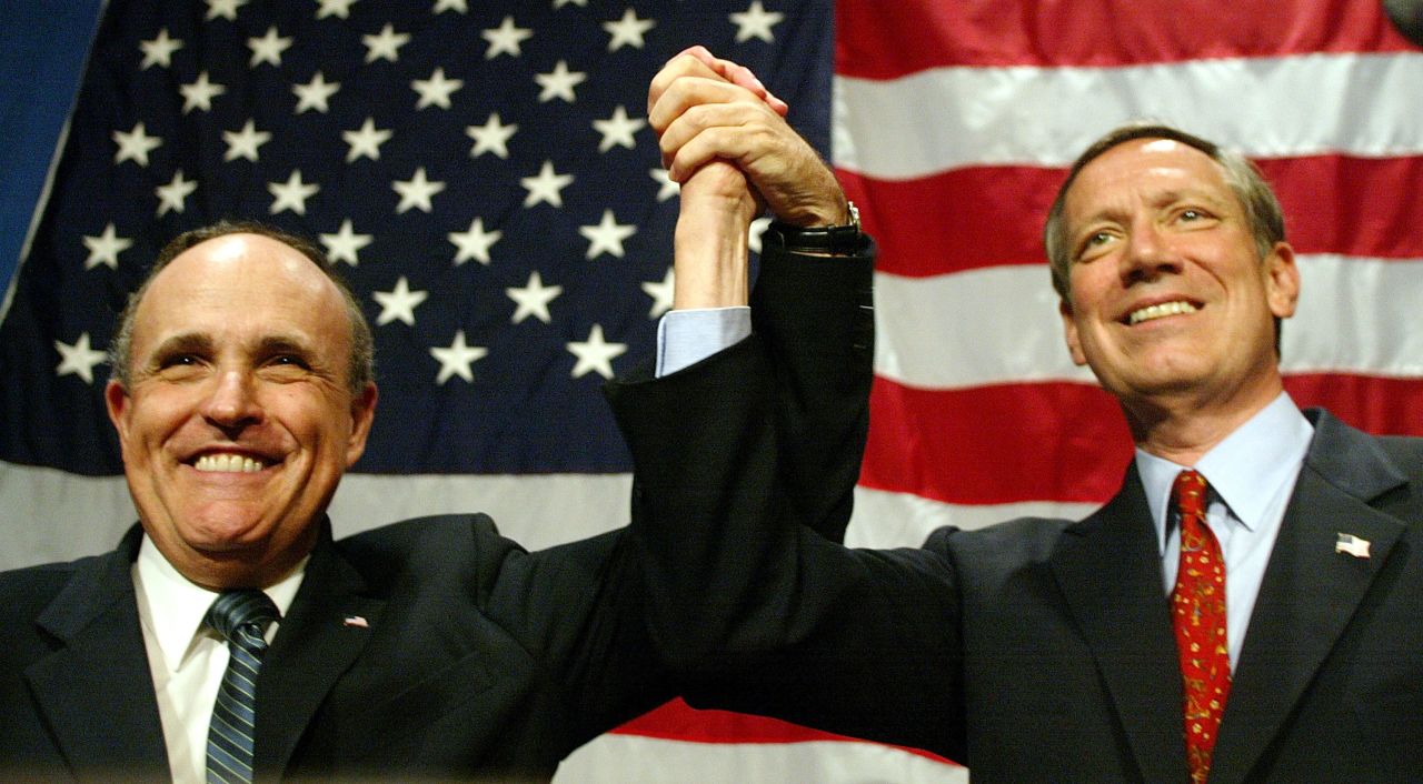 After finishing up as governor of New York, Pataki became an attorney with Chadbourne & Parke and worked on renewable energy cases. Pataki, right, celebrates with former New York Mayor Rudolph Giuliani at a luncheon during the 2002 New York Republican State Committee Convention May 29, 2002 in New York City. 