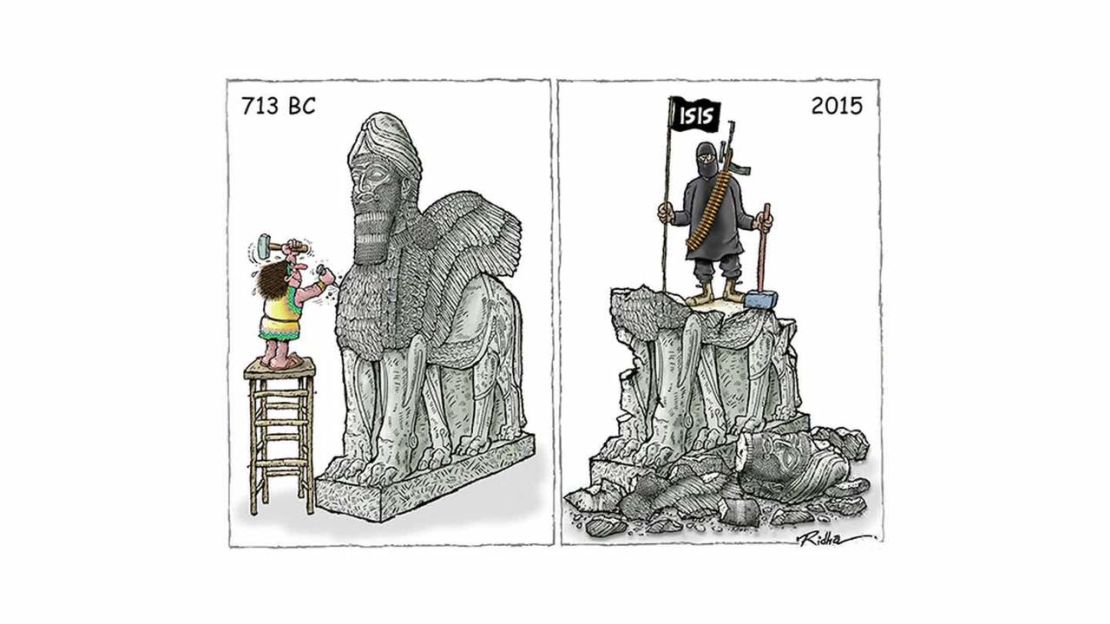A cartoon shows ISIS destroying historic artifacts.