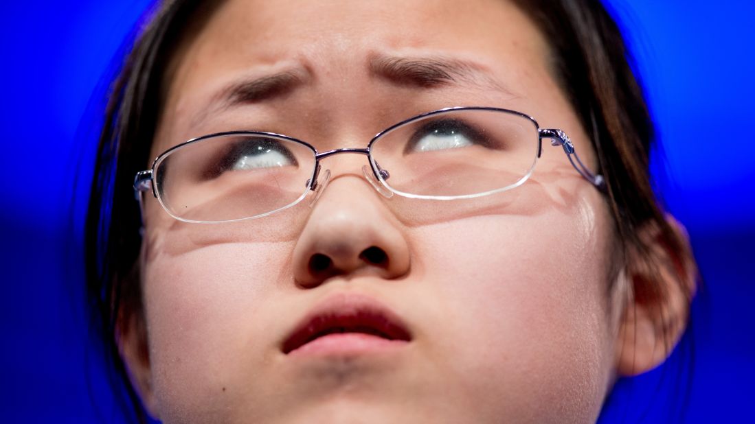 Sophia Han, of Tianjin, China, thinks about how to spell the word "vermicide" on May 27. 