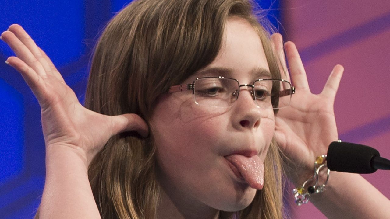 Audrey Frische of Soddy Daisy, Tennessee, makes a face after hearing her word, "obnebulate," on May 27.