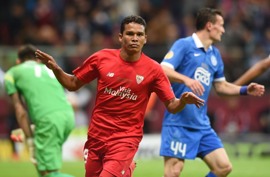 Sevilla's Colombian forward Carlos Bacca celebrates after scoring the second-half winner -- his second goal of the match.