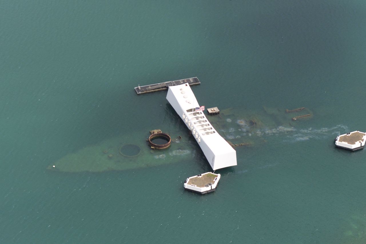 The 184-foot-long memorial sits atop the battleship sunk on December 7, 1941.