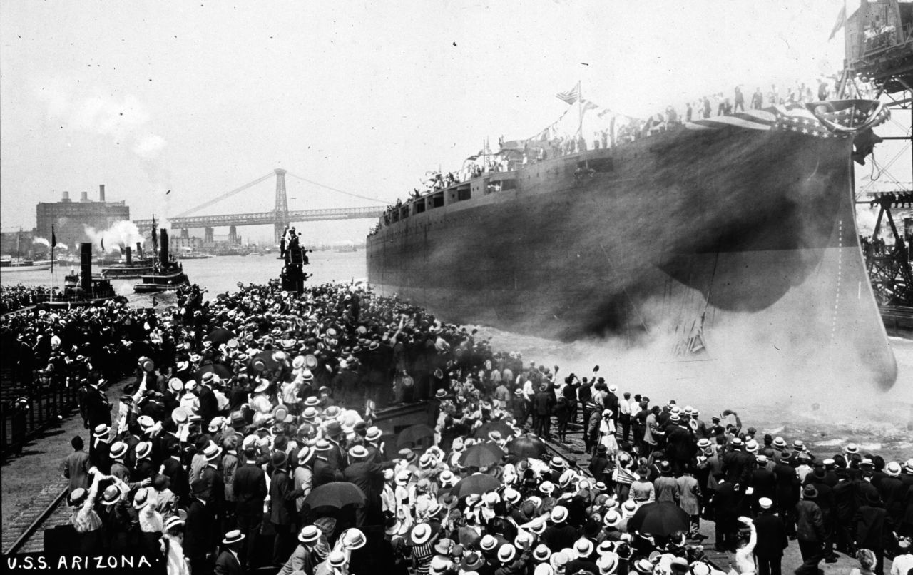 The USS Arizona launches in New York in June 1915.