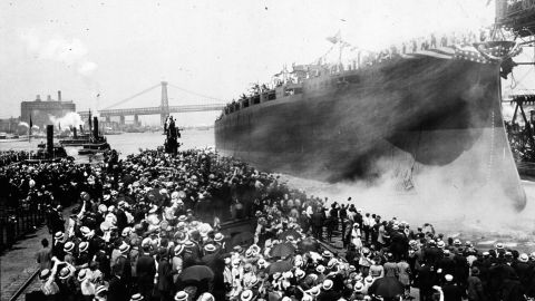 The USS Arizona is launched at the New York Navy Yard in June 1915. The ship was destroyed during the attack on Pearl Harbor, and more than 1,000 crew members were lost.  