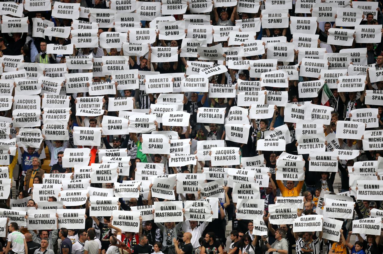 Juventus held aloft signs which featured the names of the 39 victims during the 39th minute of the 3-1 win against Napoli.