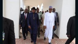 Nigeria's president-elect, Muhammadu Buhari, receives handover notes and a tour of the presidential villa from Goodluck Jonathan ahead of his inauguration.
