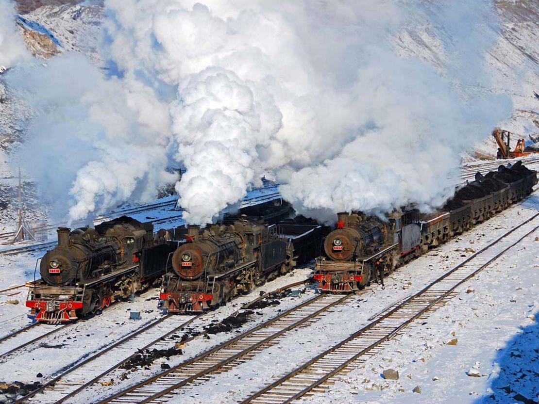 These 1960s steam locomotives in use in a coal mine were captured in 2009. Today, the locomotives are retired.