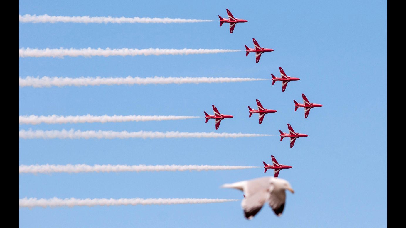 A seagull appears as though it's joining an air show in Llandudno, Wales, on Saturday, May 23.