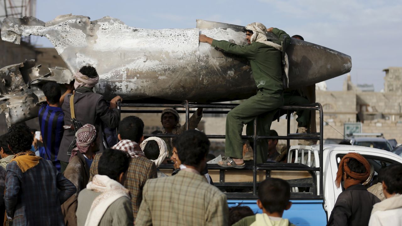 Houthi rebels in Yemen transport part of a Saudi fighter jet that was found north of the capital of Sanaa on Sunday, May 24. A Saudi-led coalition <a href="http://www.cnn.com/2015/01/20/world/gallery/yemen-unrest/index.html" target="_blank">has been carrying out airstrikes against the rebels</a> since Yemen President Abdu Rabu Mansour Hadi fled the country in late March.