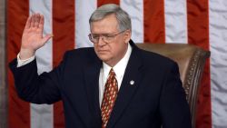Caption:WASHINGTON, : Congressman Dennis J. Hastert (R), R-IL, is sworn-in as Speaker of the House of Representatives 06 January during the 1999 opening session of the House on Capitol Hill in Washington, DC. As the 106th Congress opened, Hastert replaces Newt Gingrich. (ELECTRONIC IMAGE) AFP PHOTO/ Paul J. RICHARDS (Photo credit should read PAUL J. RICHARDS/AFP/Getty Images)