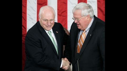 Vice President Dick Cheney greets Hastert before Latvian President Vaira Vike-Freiberga speaks to a joint meeting of Congress in June 2006.  Earlier that month, Hastert had surpassed Joe Cannon to become the longest-serving Republican speaker of the House.