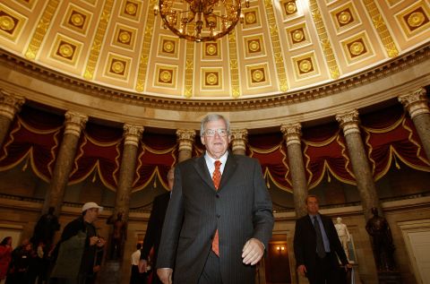 Hastert walks through Statuary Hall on his way to the House floor to make his farewell address to Congress on November 15, 2007.  He formally resigned on November 26, 2007, after 20 years in office. 