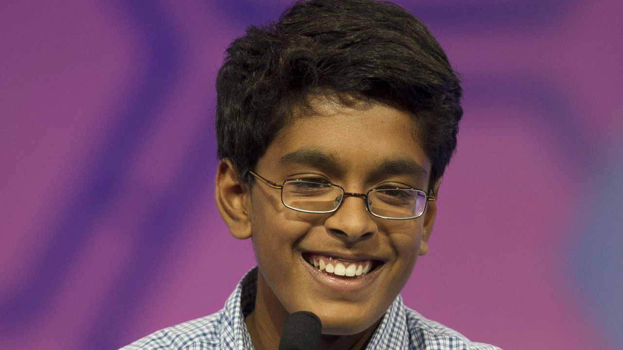 Gokul Venkatachalam, 14, of St. Louis, correctly spells the word "cocozelle" in the final round of the Scripps National Spelling Bee in Oxon Hill, Maryland, Thursday, May 28. He was co-winner of the 2015 bee. The last word he spelled was "nunatak."