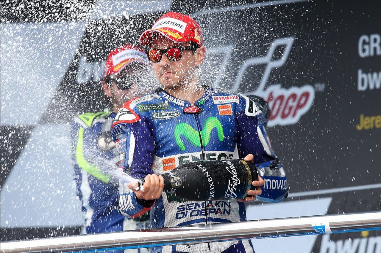 Lorenzo celebrates his first place in Jerez, Spain, the first of his two back-to-back wins that put him back in contention for the 2015 crown.