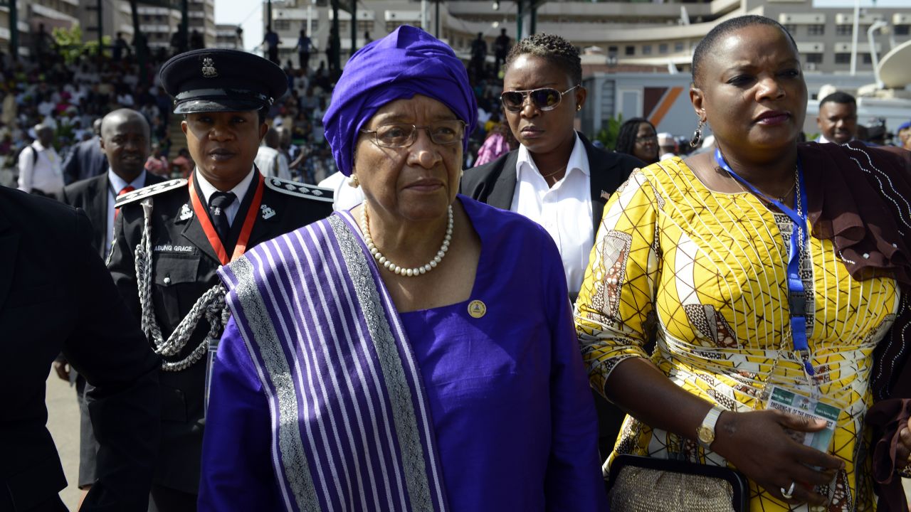 Liberian President Ellen Johnson Sirleaf arrives for the ceremony.