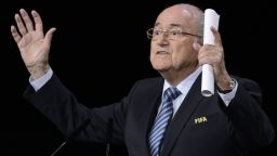 FIFA president Sepp Blatter gestures as he delivers his speech ahead of the vote to decide on the FIFA presidency in Zurich on May 29, 2015.  Blatter vowed in his speech to lead FIFA "out of the storm" if re-elected president. AFP PHOTO / FABRICE COFFRINI        (Photo credit should read FABRICE COFFRINI/AFP/Getty Images)