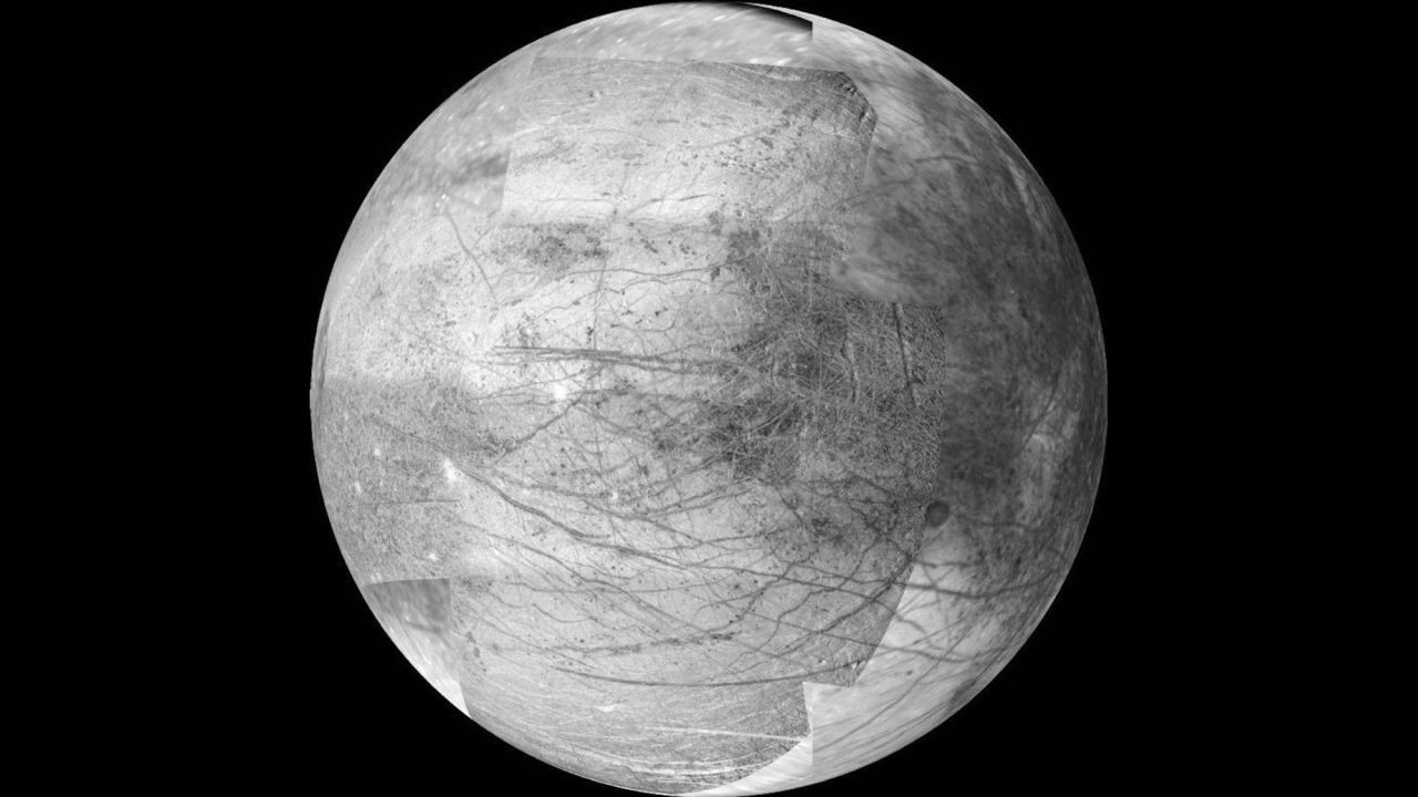 Jupiter's icy moon Europa may be the best place in the solar system to look for extraterrestrial life, according to NASA. The moon is about the size of Earth's moon, and there is evidence it has an ocean beneath its frozen crust that may hold twice as much water as Earth. NASA's 2016 budget includes a request for $30 million to plan a mission to investigate Europa. The image above was taken by the Galileo spacecraft on November 25, 1999. It's a 12-frame mosaic and is considered the the best image yet of the side of Europa that faces Jupiter.