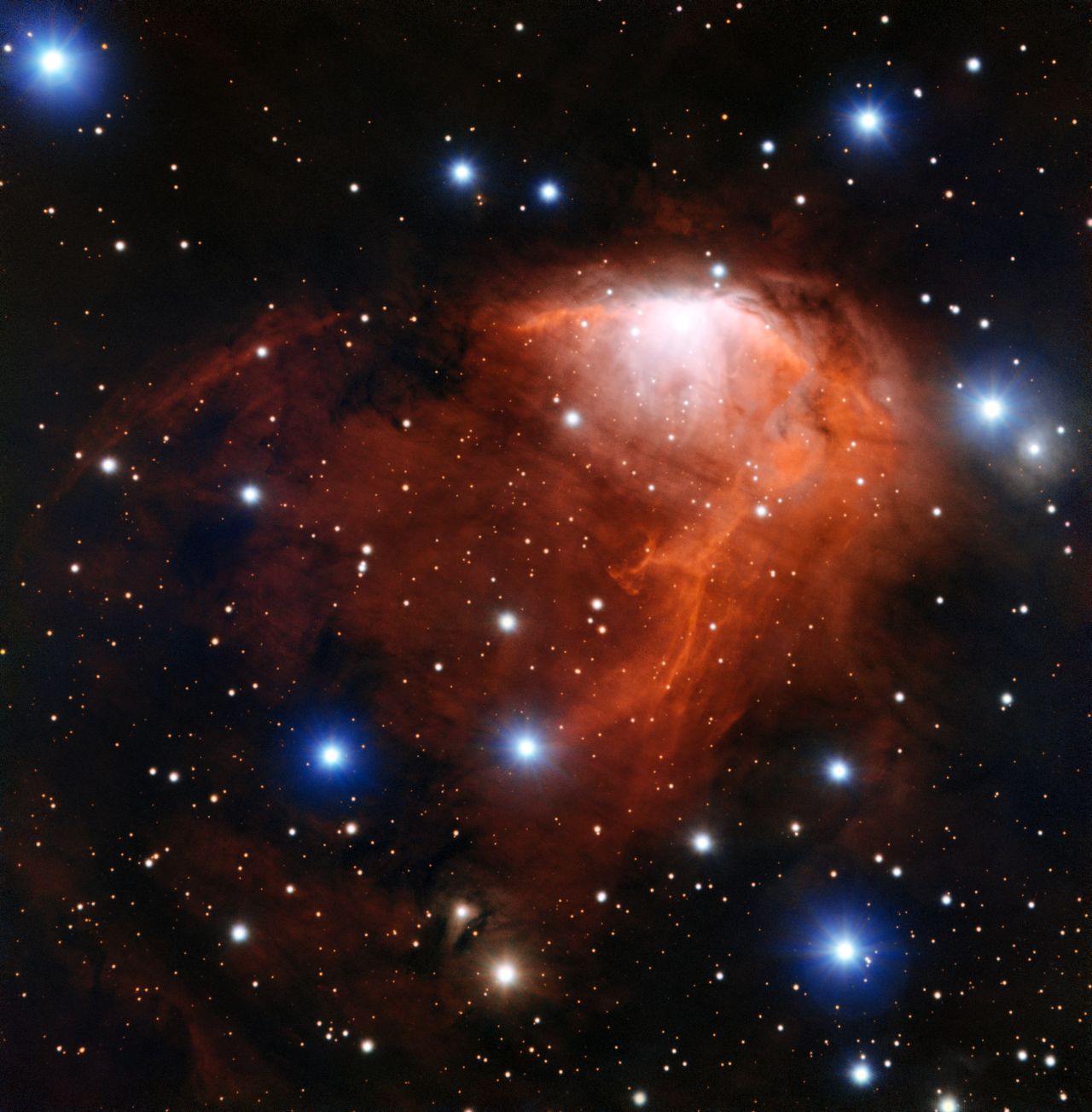 This nebula, or cloud of gas and dust, is called RCW 34 or Gum 19. The brightest areas you can see are where the gas is being heated by young stars. Eventually the gas burst outward like champagne after a bottle is uncorked. Scientists call this champagne flow. This new image of the nebula was captured by the European Space Organization's Very Large Telescope in Chile. RCW 34 is in the constellation Vela in the southern sky. The name means "sails of a ship" in Latin.
