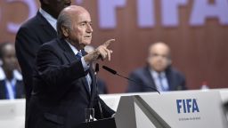 FIFA President Sepp Blatter gestures as he speaks after being re-elected following a vote to decide on the FIFA presidency in Zurich on May 29, 2015. Sepp Blatter won the FIFA presidency for a fifth time after his challenger Prince Ali bin al Hussein withdrew just before a scheduled second round. AFP PHOTO / MICHAEL BUHOLZERMICHAEL BUHOLZER/AFP/Getty Images