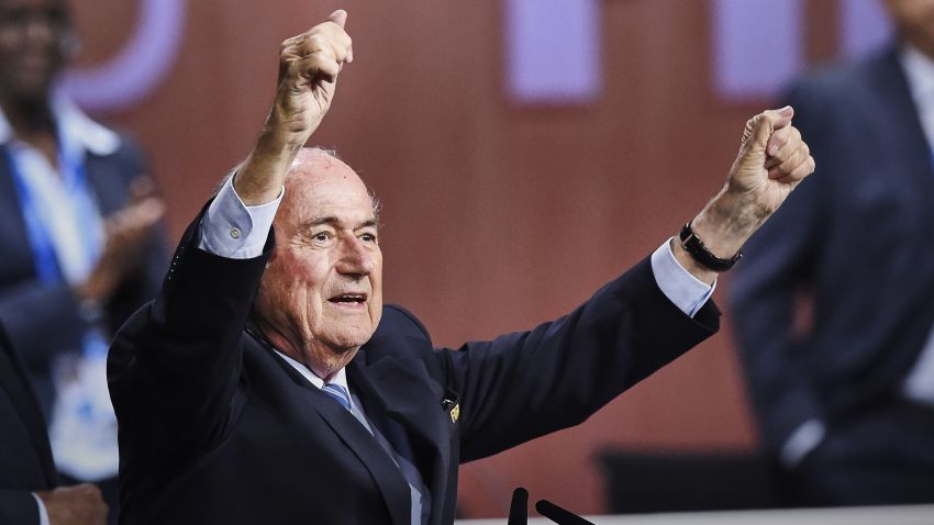 FIFA President Sepp Blatter gestures after being re-elected following a vote to decide on the FIFA presidency in Zurich on May 29, 2015. Sepp Blatter won the FIFA presidency for a fifth time Friday after his challenger Prince Ali bin al Hussein withdrew just before a scheduled second round.
AFP PHOTO / MICHAEL BUHOLZERMICHAEL BUHOLZER/AFP/Getty Images