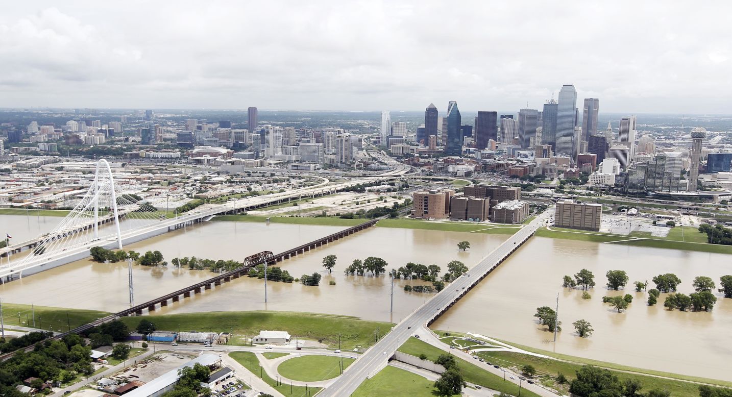 The Trinity River swells west of downtown Dallas on Friday, May 29. 