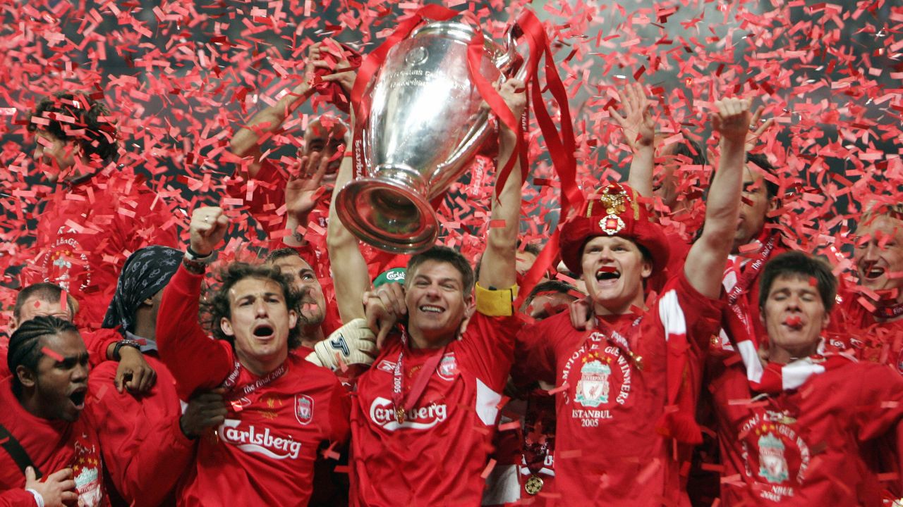 Liverpool players celebrate their 2005 success in Istanbul.