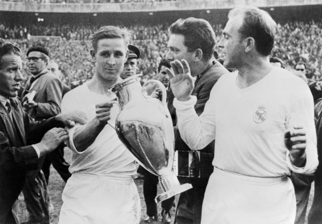 Real Madrid won the first ever European Cup thanks to a thrilling victory over Stade de Reims in Paris. Goalscorer Alfredo Di Stefano is seen here celebrating the club's second European Cup in 1957 with Raymond Kopa, who had played for Reims in the 1956 final.