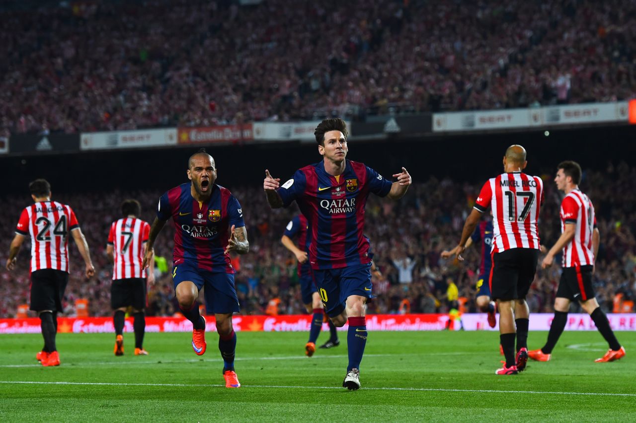 Messi celebrates his stunning opening goal in the 3-1 Copa del Rey final victory over Athletic Bilbao. The Argentine grabbed a second later in the game.