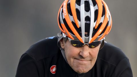 U.S. Secretary of State John Kerry rides his bike in Lausanne, Switzerland, in March.