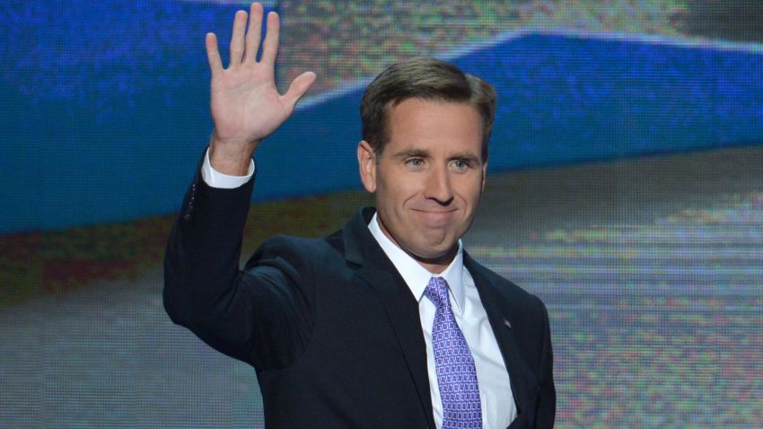 Attorney General of Delaware and son of Vice President Joe Biden, Beau Biden, waves to the audience at the Time Warner Cable Arena in Charlotte, North Carolina, on September 6, 2012 on the final day of the Democratic National Convention (DNC). US President Barack Obama is expected to accept the nomination from the DNC to run for a second term as president. AFP PHOTO Stan HONDA (Photo credit should read STAN HONDA/AFP/GettyImages)