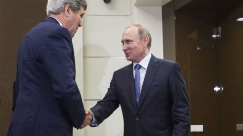 Kerry is welcomed by Russian President Vladimir Putin at the presidential residence of Bocharov Ruchey in Sochi, Russia, on Tuesday, May 12.
