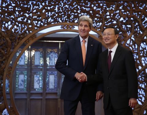 Kerry speaks with China's State Councilor Yang Jiechi at the Diaoyutai State Guest House on May 16 in Beijing. Kerry is urging China to halt increasingly assertive actions it is taking in the South China Sea. 