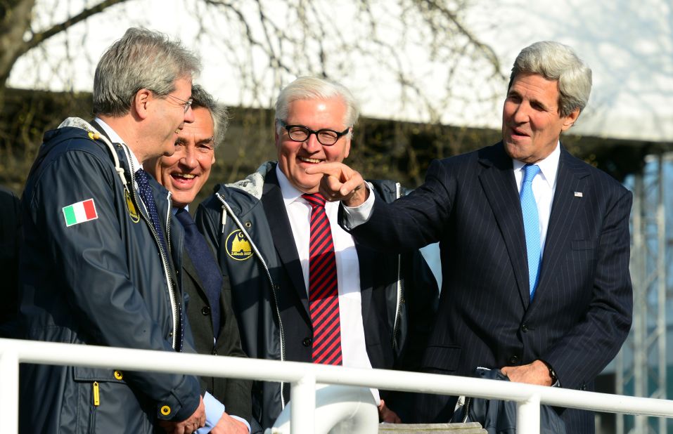 Italian Foreign Minister Paolo Gentiloni, from left, Luebeck's Mayor Bernd Saxe, German Foreign Minister Frank-Walter Steinmeier and Kerry take a boat cruise during a meeting of G-7 foreign ministers in Luebeck, Germany, on April 15. The foreign ministers met to discuss global political and security issues ahead of a G-7 summit to take place in June 2015 in southern Germany. 