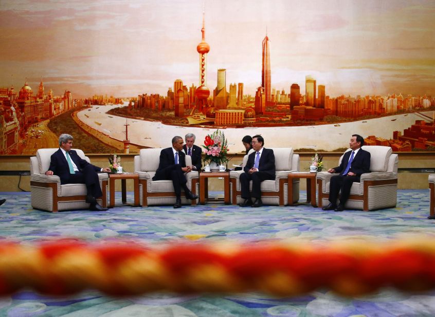 Kerry and U.S. President Barack Obama meet with Zhang Dejiang, chairman of the Standing Committee of China's National People's Congress, on November 12, 2014, at the Great Hall of the People in Beijing.  