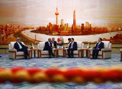 Kerry and U.S. President Barack Obama meet with Zhang Dejiang, chairman of the Standing Committee of China's National People's Congress, on November 12, 2014, at the Great Hall of the People in Beijing.