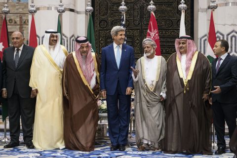 Egyptian Foreign Minister Sameh Shoukry, from left, Kuwaiti Foreign Minister Sabah Al-Khalid al-Sabah, Saudi Foreign Minister Prince Saud al-Faisal, Kerry, Omani Foreign Minister Yussef bin Alawi bin Abdullah, Bahraini Foreign Minister Sheikh Khaled bin Ahmed al-Khalifa and Lebanese Foreign Minister Gebran Bassil stand together for a photo of the Gulf Cooperation Council and regional partners on September 11, 2014, in Jeddah, Saudi Arabia. Kerry and regional counterparts discused forming a coalition to support an American campaign against ISIS jihadists in Syria and Iraq.