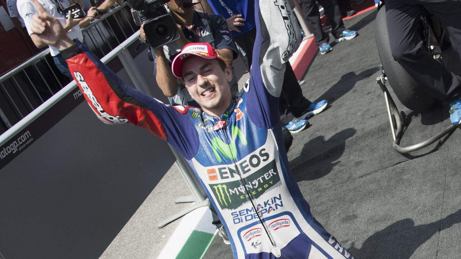 Jorge Lorenzo celebrates his superb victory in the Italian MotoGP at Mugello. 