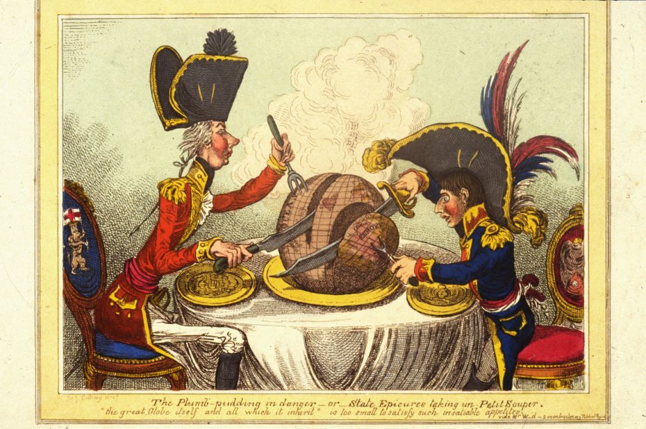 James Gillray's 1805 cartoon depicting then British Prime Minister William Pitt the Younger and the French leader Napoleon Bonaparte, carving up the world between them. 