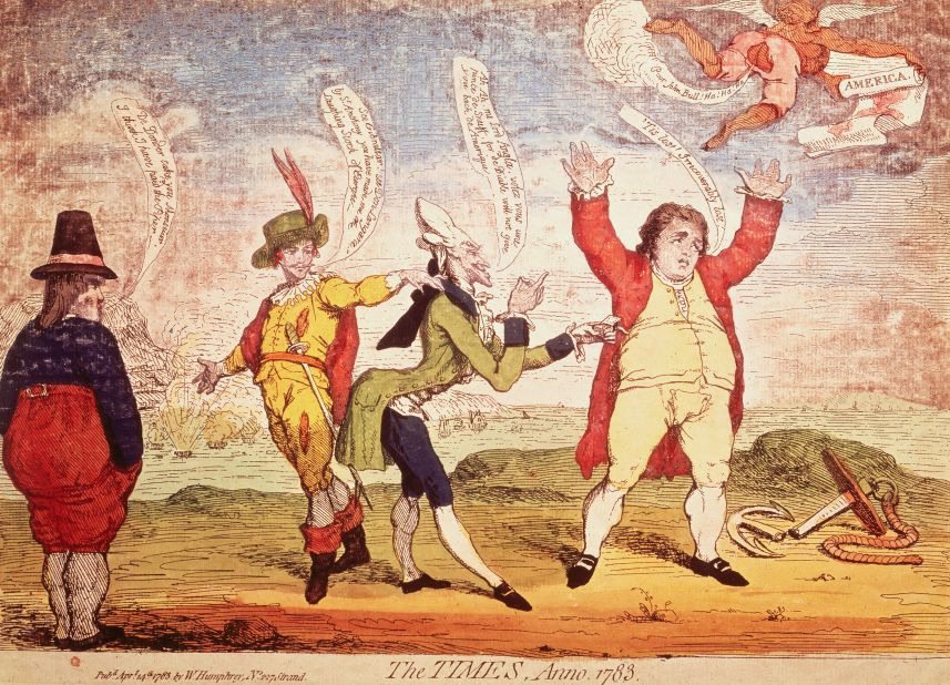James Gillray's 1783 cartoon for The Times newspaper, depicting a figure representing England being reproached by France, Spain and Holland for "losing" America.