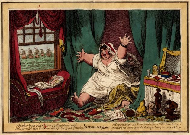 James Gillray's cartoon depicting Lady Emma Hamilton -- wife of Sir William Hamilton and mistress of Admiral Nelson -- bemoaning the departure of her lover to the Battle of the Nile.